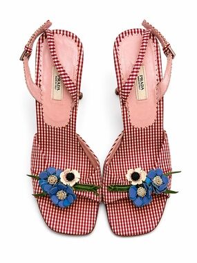 Prada Vintage 2000s Gingham Floral Appliqué Slingback Heels 37.5 Red Kitten Heel